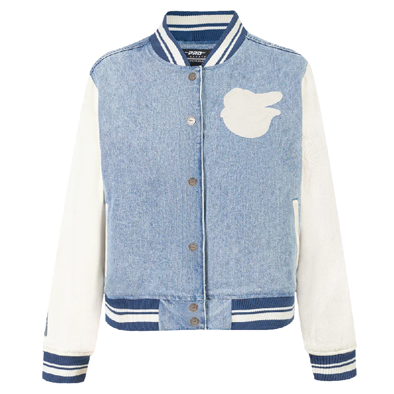 Comfortable and simple MLB BALTIMORE ORIOLES VARSITY BLUES WOMEN'S DENIM VARSITY JACKET (DENIM/LINEN) Comfortable and simple MLB BALTIMORE ORIOLES VARSITY BLUES WOMEN'S DENIM VARSITY JACKET (DENIM/LINEN)