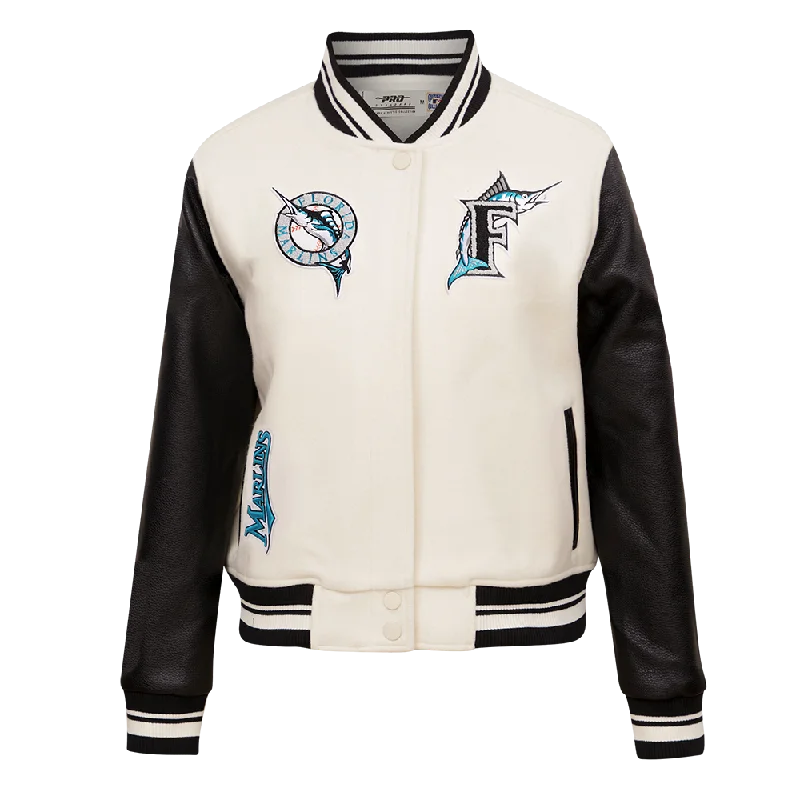 Unique Design MLB FLORIDA MARLINS RETRO CLASSIC WOMEN'S RIB WOOL VARSITY JACKET (EGGSHELL/ BLACK) Unique Design MLB FLORIDA MARLINS RETRO CLASSIC WOMEN'S RIB WOOL VARSITY JACKET (EGGSHELL/ BLACK)