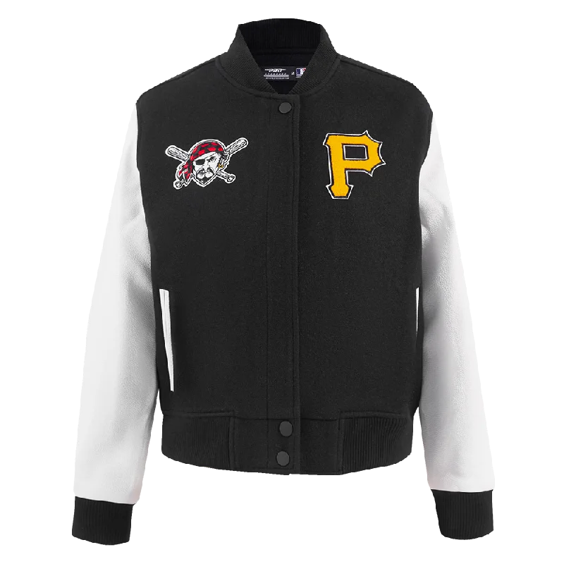 Fashion Design MLB PITTSBURGH PIRATES CLASSIC WOOL WOMEN'S VARSITY JACKET (BLACK/WHITE) Fashion Design MLB PITTSBURGH PIRATES CLASSIC WOOL WOMEN'S VARSITY JACKET (BLACK/WHITE)