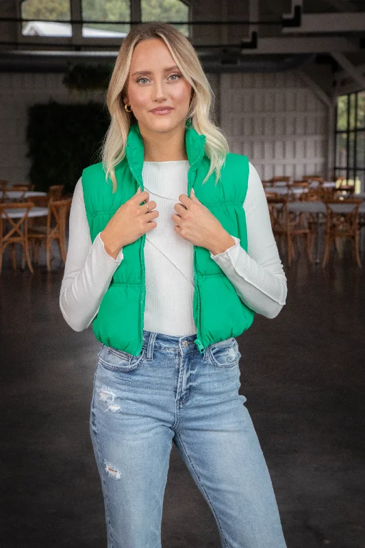 Exquisite Details Beth Quilted Puffer Vest, Green