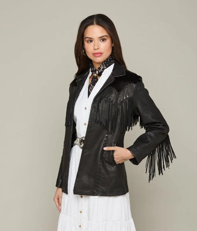 Elegant And Noble Hair-On Yoke Fringe Jacket :: Black