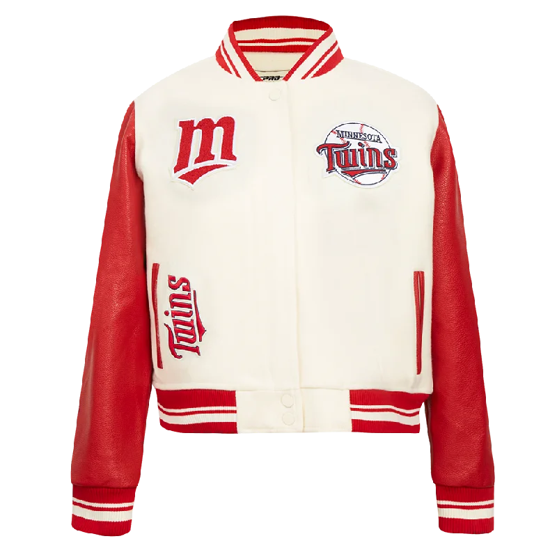 Wearable At Home Or Out MLB MINNESOTA TWINS RETRO CLASSIC WOMEN'S RIB WOOL VARSITY JACKET (EGGSHELL/ RED) Wearable At Home Or Out MLB MINNESOTA TWINS RETRO CLASSIC WOMEN'S RIB WOOL VARSITY JACKET (EGGSHELL/ RED)