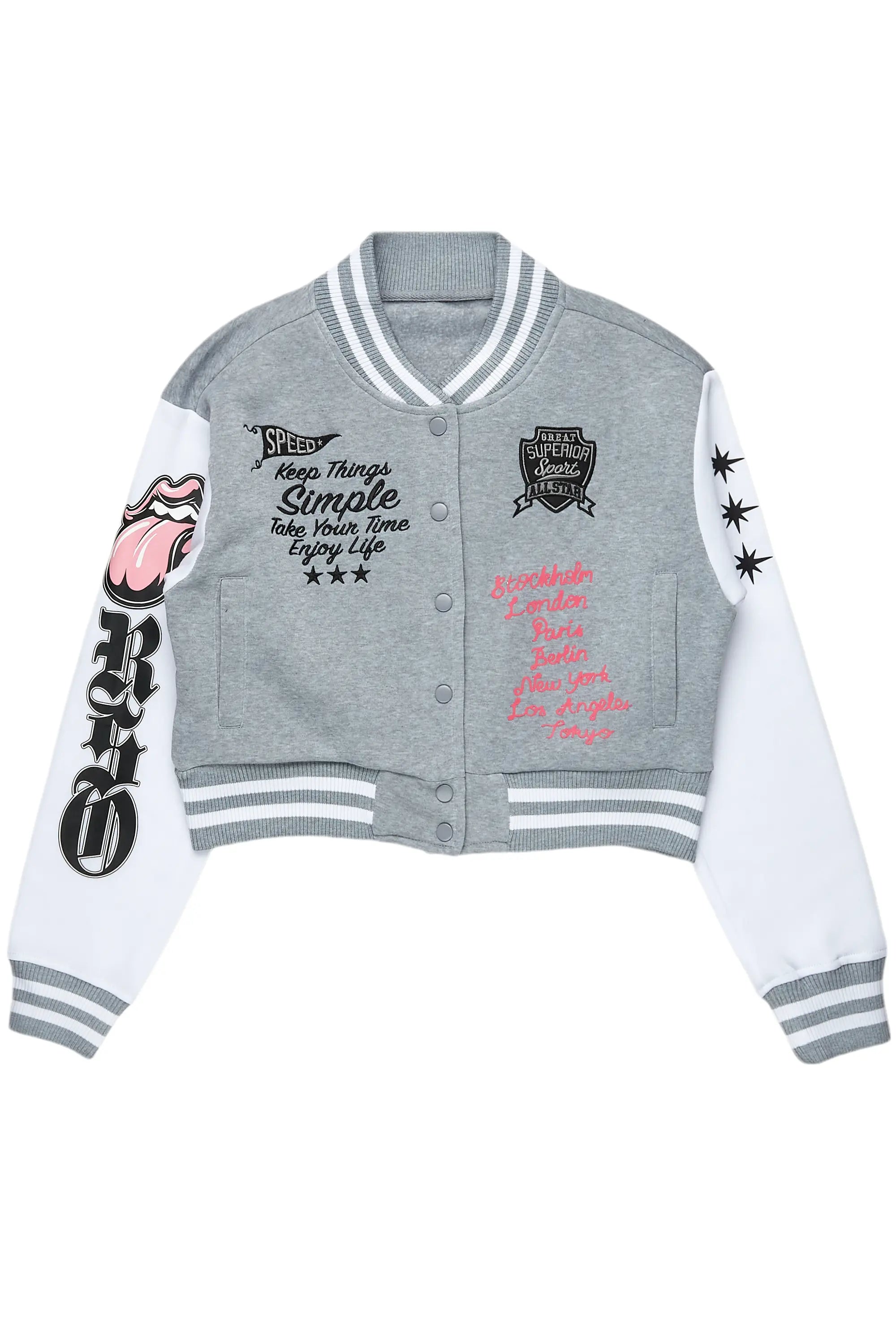 Modern Chic Suzette Heather Grey Varsity Jacket