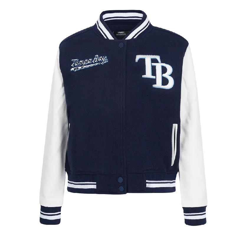 Windbreaker fashion MLB TAMPA BAY RAYS SCRIPT TAIL WOMEN'S WOOL VARSITY JACKET (MIDNIGHT NAVY/WHITE) Windbreaker fashion MLB TAMPA BAY RAYS SCRIPT TAIL WOMEN'S WOOL VARSITY JACKET (MIDNIGHT NAVY/WHITE)