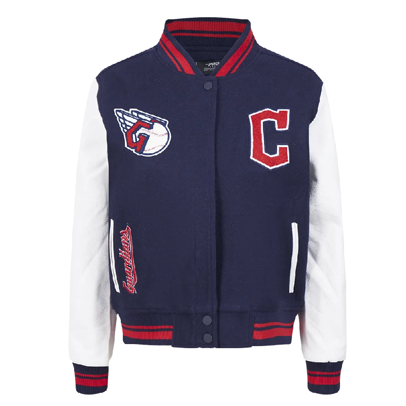 Trendy And Casual MLB CLEVELAND GUARDIANS RETRO CLASSIC WOMEN'S RIB WOOL VARSITY JACKET (EGGSHELL/MIDNIGHT NAVY) Trendy And Casual MLB CLEVELAND GUARDIANS RETRO CLASSIC WOMEN'S RIB WOOL VARSITY JACKET (EGGSHELL/MIDNIGHT NAVY)