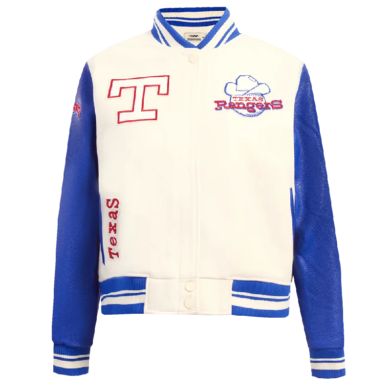 Design Perception MLB TEXAS RANGERS RETRO CLASSIC WOMEN'S RIB WOOL VARSITY JACKET (EGGSHELL/ROYAL BLUE) Design Perception MLB TEXAS RANGERS RETRO CLASSIC WOMEN'S RIB WOOL VARSITY JACKET (EGGSHELL/ROYAL BLUE)