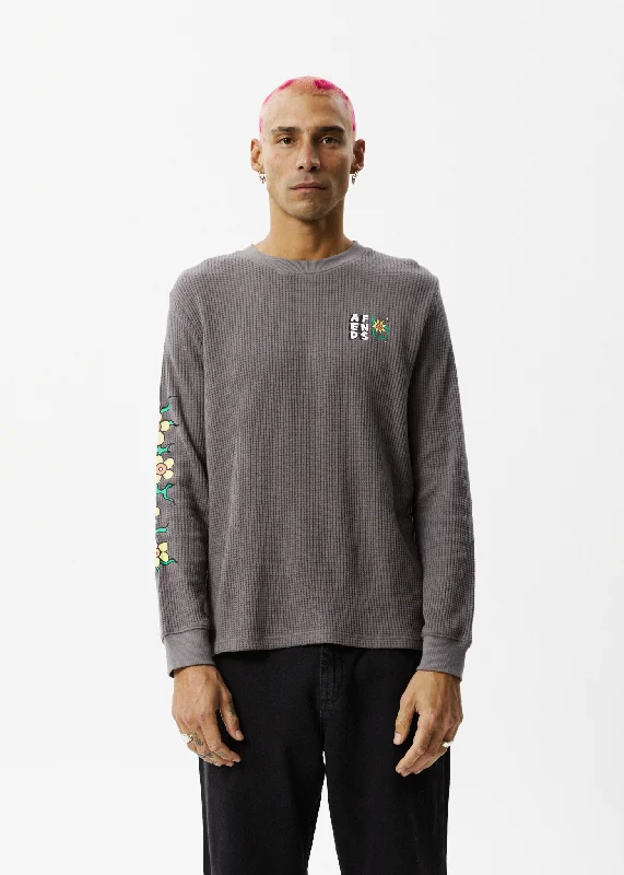 Lounge Chic AFENDS Mens Flowerbed - Waffle Long Sleeve T-Shirt - Steel
