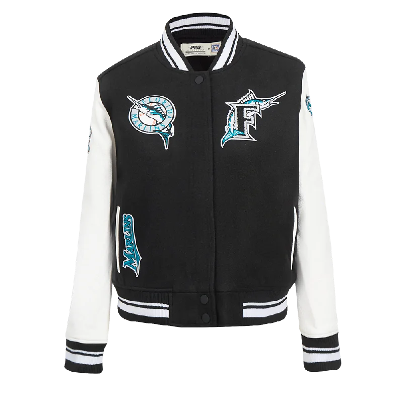 Printing decoration MLB FLORIDA MARLINS RETRO CLASSIC WOMEN'S RIB WOOL VARSITY JACKET (BLACK/WHITE) Printing decoration MLB FLORIDA MARLINS RETRO CLASSIC WOMEN'S RIB WOOL VARSITY JACKET (BLACK/WHITE)