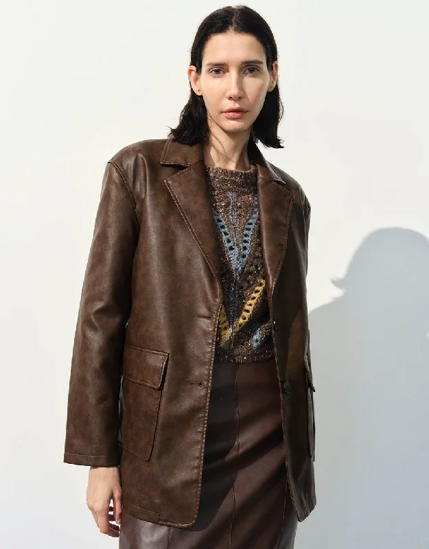 Classic Style Notch Lapel Vegan Leather Tailored Blazer