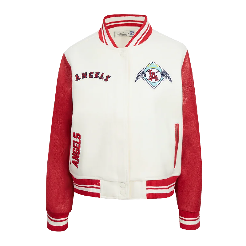 Slim Fit MLB LOS ANGELES ANGELS RETRO CLASSIC WOMEN'S RIB WOOL VARSITY JACKET (EGGSHELL/ RED) Slim Fit MLB LOS ANGELES ANGELS RETRO CLASSIC WOMEN'S RIB WOOL VARSITY JACKET (EGGSHELL/ RED)