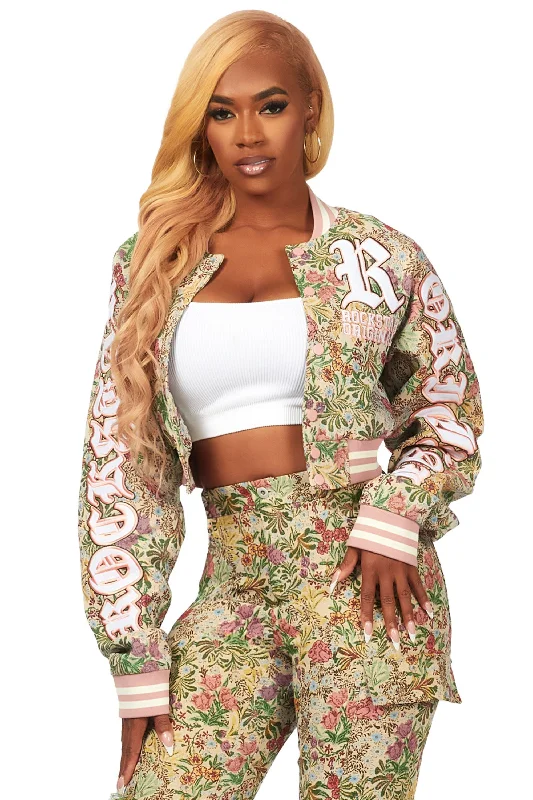 Relaxed Fit Kyiori Beige Crop Tapestry Varsity Jacket