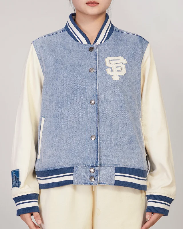 French Style MLB SAN FRANCISCO GIANTS VARSITY BLUES WOMEN'S DENIM VARSITY WOMEN'S JACKET (DENIM/LINEN) French Style MLB SAN FRANCISCO GIANTS VARSITY BLUES WOMEN'S DENIM VARSITY WOMEN'S JACKET (DENIM/LINEN)