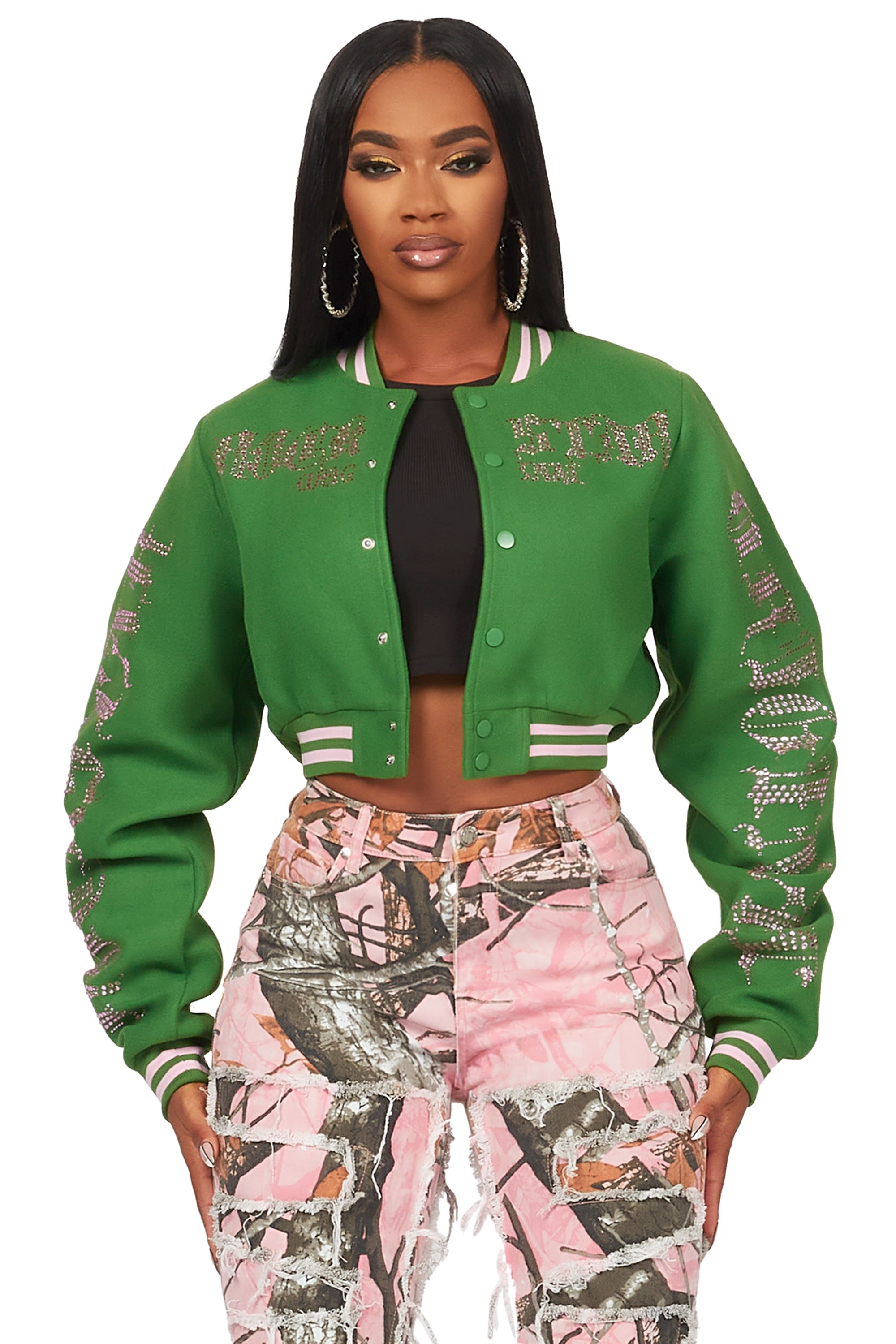 Dynamic Fashion Gianni Green Crop Rhinestone Varsity Jacket