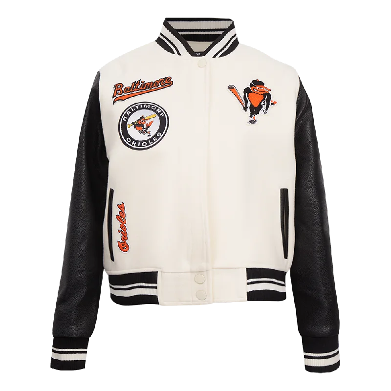 Sexy Fun MLB BALTIMORE ORIOLES RETRO CLASSIC WOMEN'S RIB WOOL VARSITY JACKET (EGGSHELL/ BLACK) Sexy Fun MLB BALTIMORE ORIOLES RETRO CLASSIC WOMEN'S RIB WOOL VARSITY JACKET (EGGSHELL/ BLACK)