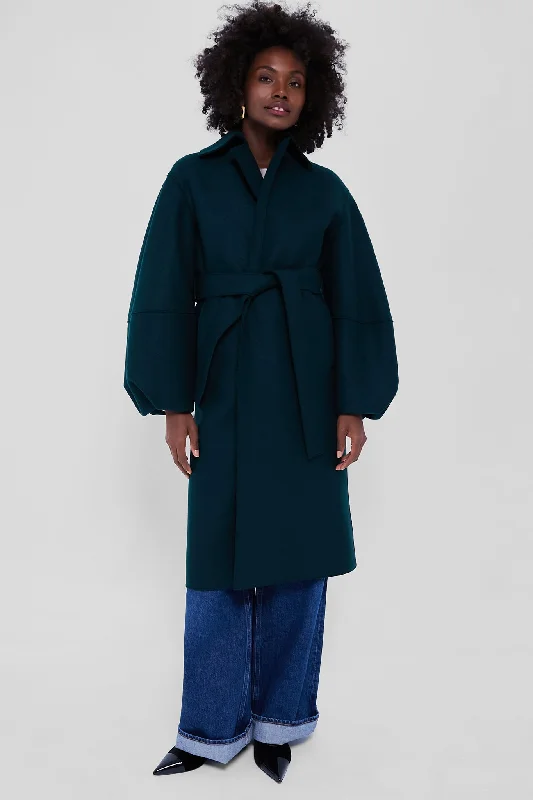 Casual And Casual Bottle Green Puffed Sleeve Pressed Wool Coat