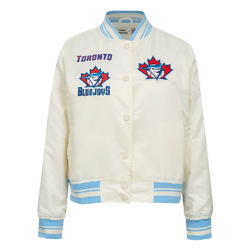 Casual And Casual MLB TORONTO BLUE JAYS RETRO CLASSIC WOMEN'S RIB SATIN JACKET (EGGSHELL/ UNIVERSITY BLUE) Casual And Casual MLB TORONTO BLUE JAYS RETRO CLASSIC WOMEN'S RIB SATIN JACKET (EGGSHELL/ UNIVERSITY BLUE)