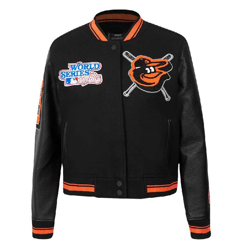 French Style MLB BALTIMORE ORIOLES MASHUP WOMEN'S RIB WOOL VARSITY JACKET (BLACK/ORANGE)