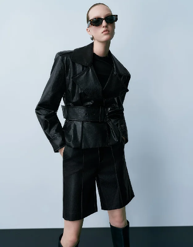 Elegant And Casual Vegan Leather Jacket With Belt