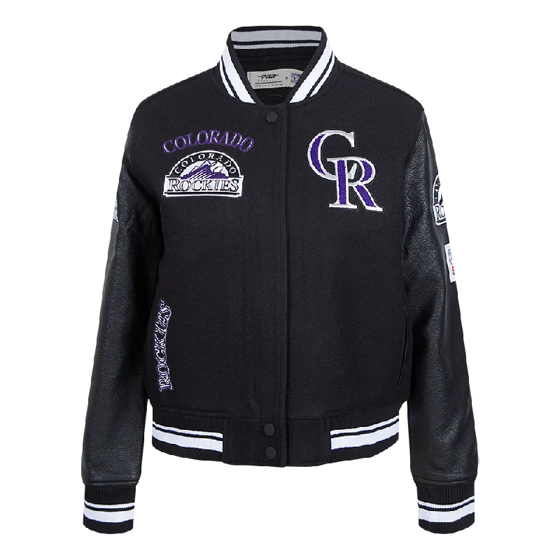 Sports Design MLB COLORADO ROCKIES RETRO CLASSIC WOMEN'S RIB WOOL VARSITY JACKET (BLACK) Sports Design MLB COLORADO ROCKIES RETRO CLASSIC WOMEN'S RIB WOOL VARSITY JACKET (BLACK)