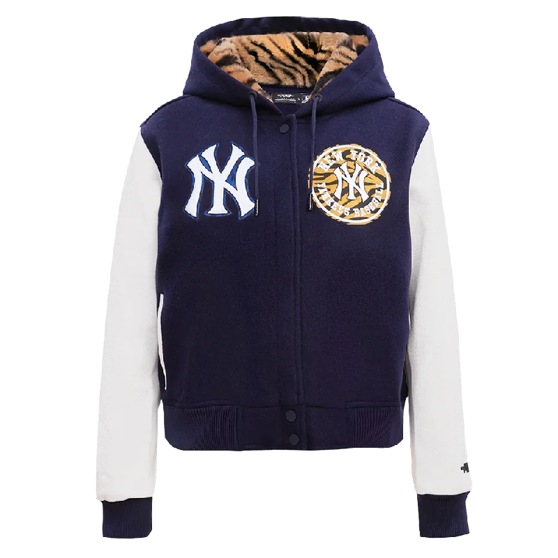 Extra long version MLB NEW YORK YANKEES ANIMAL PRINT WOMEN'S FUR HOOD WOOL VARSITY JACKET (MIDNIGHT NAVY/WHITE)