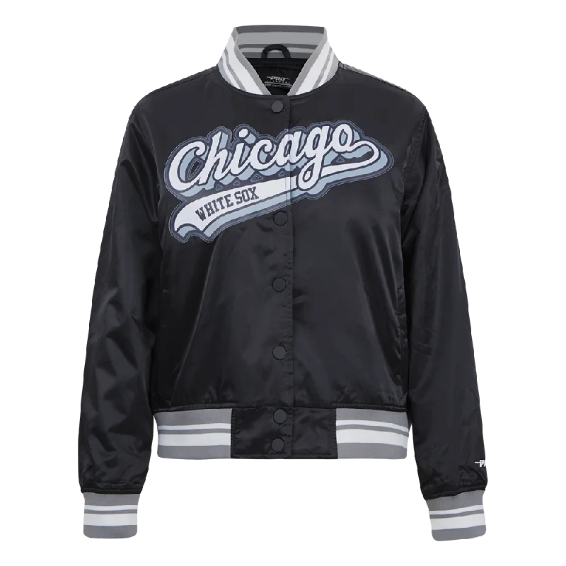 Celebrity Style MLB CHICAGO WHITE SOX SCRIPT TAIL WOMEN'S SATIN JACKET (BLACK/GRAY)