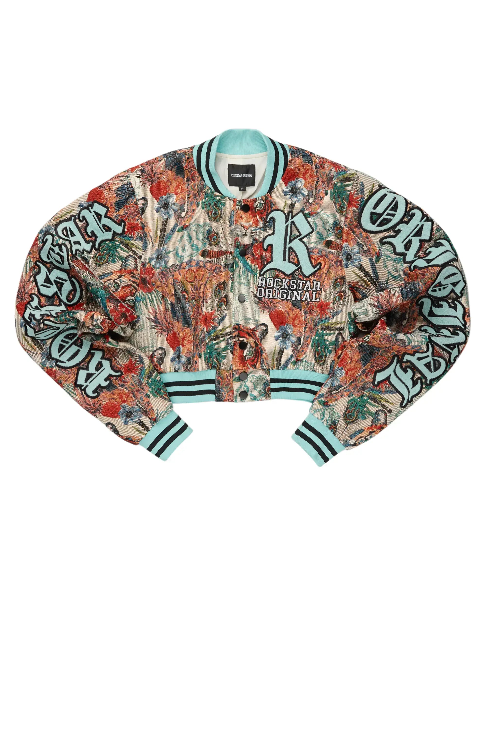 New Products Rena Beige Crop Tapestry Varsity Jacket