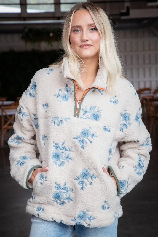 Simple Style Elin Embroidered Sherpa Pullover, Cream | RD Style