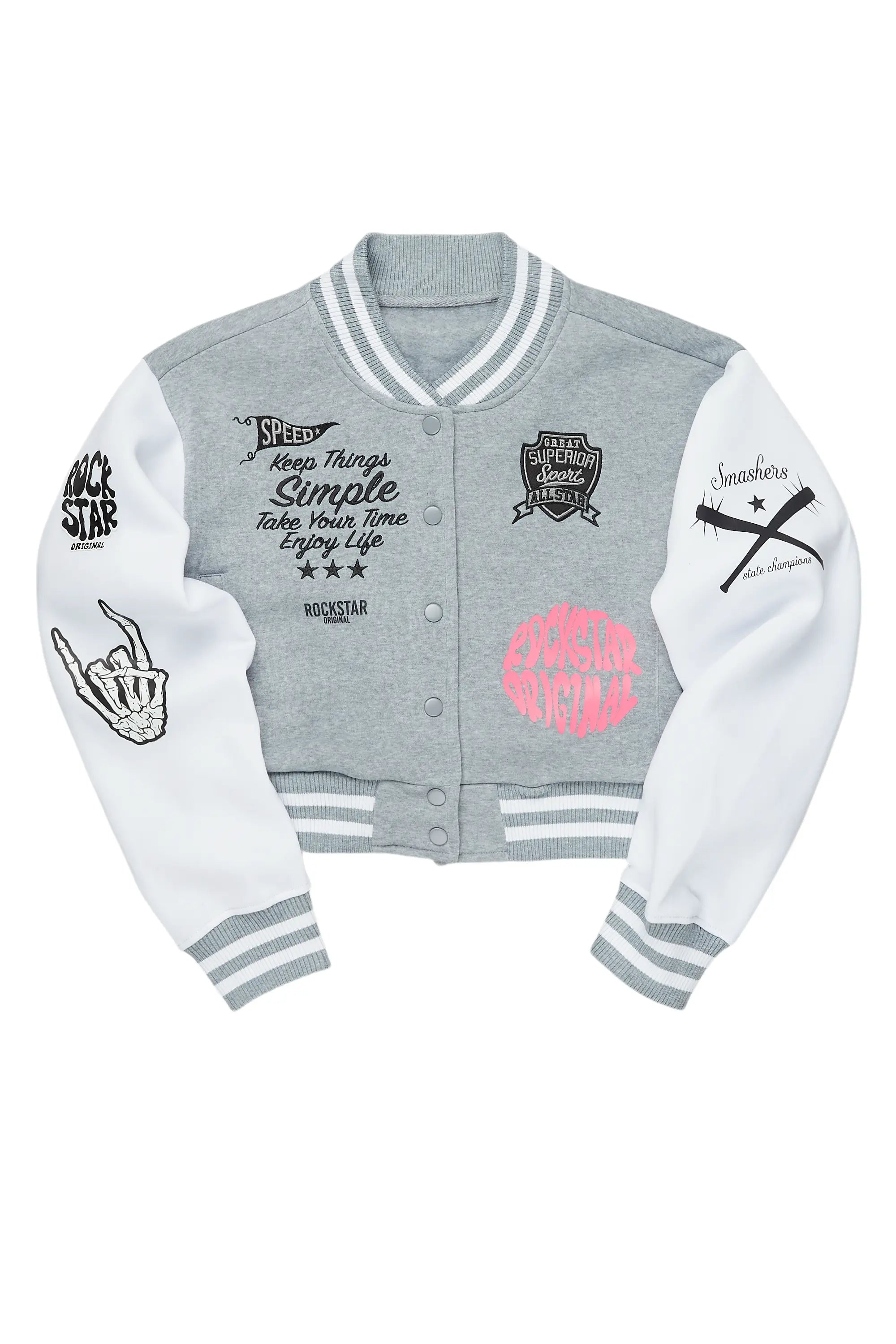 Comfortable And Casual Talyka Heather Grey Varsity Jacket