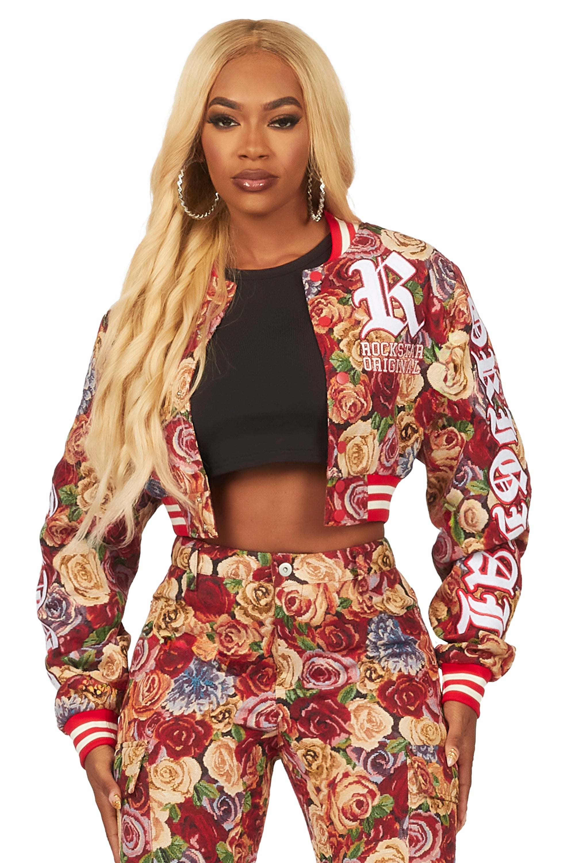 Ultra-lightweight Darresha Red Crop Tapestry Varsity Jacket
