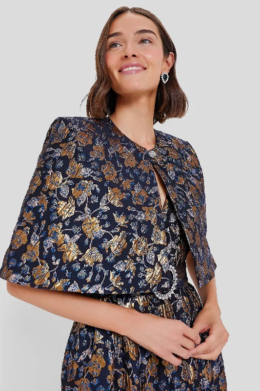 Slightly Flared Design Navy and Gold Merryn Floral Jacquard Cape