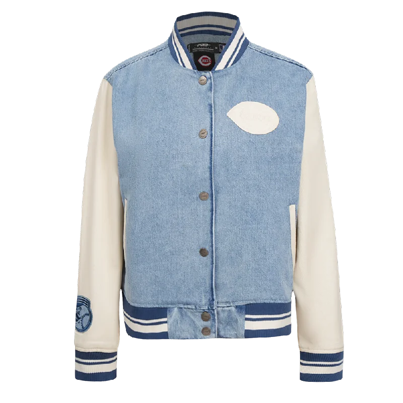 Energetic MLB CINCINNATI REDS VARSITY BLUES WOMEN'S DENIM VARSITY JACKET (DENIM/LINEN) Energetic MLB CINCINNATI REDS VARSITY BLUES WOMEN'S DENIM VARSITY JACKET (DENIM/LINEN)
