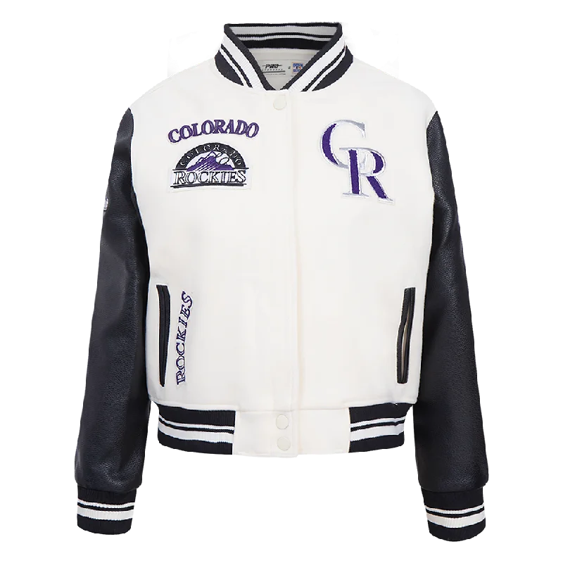 Outdoor Trend MLB COLORADO ROCKIES RETRO CLASSIC WOMEN'S RIB WOOL VARSITY JACKET (EGGSHELL/ BLACK) Outdoor Trend MLB COLORADO ROCKIES RETRO CLASSIC WOMEN'S RIB WOOL VARSITY JACKET (EGGSHELL/ BLACK)