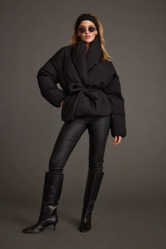 Free And Casual Maverick Black Belted Puffer Coat