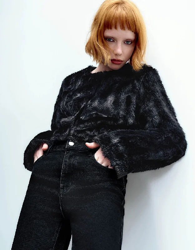 Trendy Items Crew Neck Furry Coat