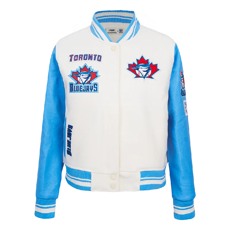 Lazy Style MLB TORONTO BLUE JAYS RETRO CLASSIC WOMEN'S RIB WOOL VARSITY JACKET (EGGSHELL/ UNIVERSITY BLUE) Lazy Style MLB TORONTO BLUE JAYS RETRO CLASSIC WOMEN'S RIB WOOL VARSITY JACKET (EGGSHELL/ UNIVERSITY BLUE)