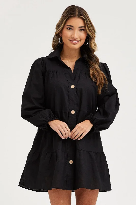 Sweet Style Black Tiered Dress Long Sleeve Mini