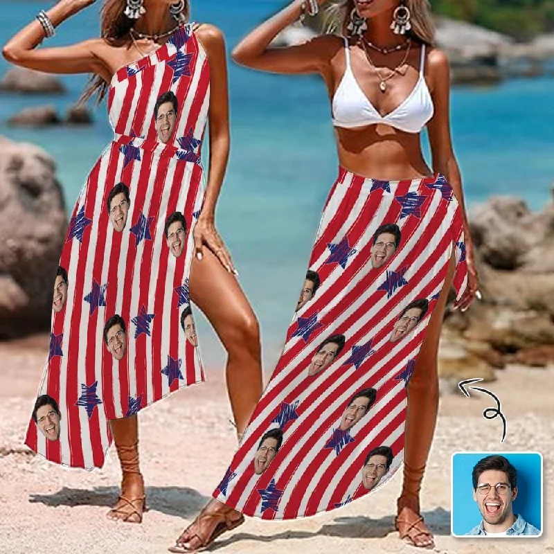 Elegant Wear Custom Face Flag Women's Long Cover Up Skirt With Slit Swimsuit Beach Wrap For Independence Day Elegant Wear Custom Face Flag Women's Long Cover Up Skirt With Slit Swimsuit Beach Wrap For Independence Day