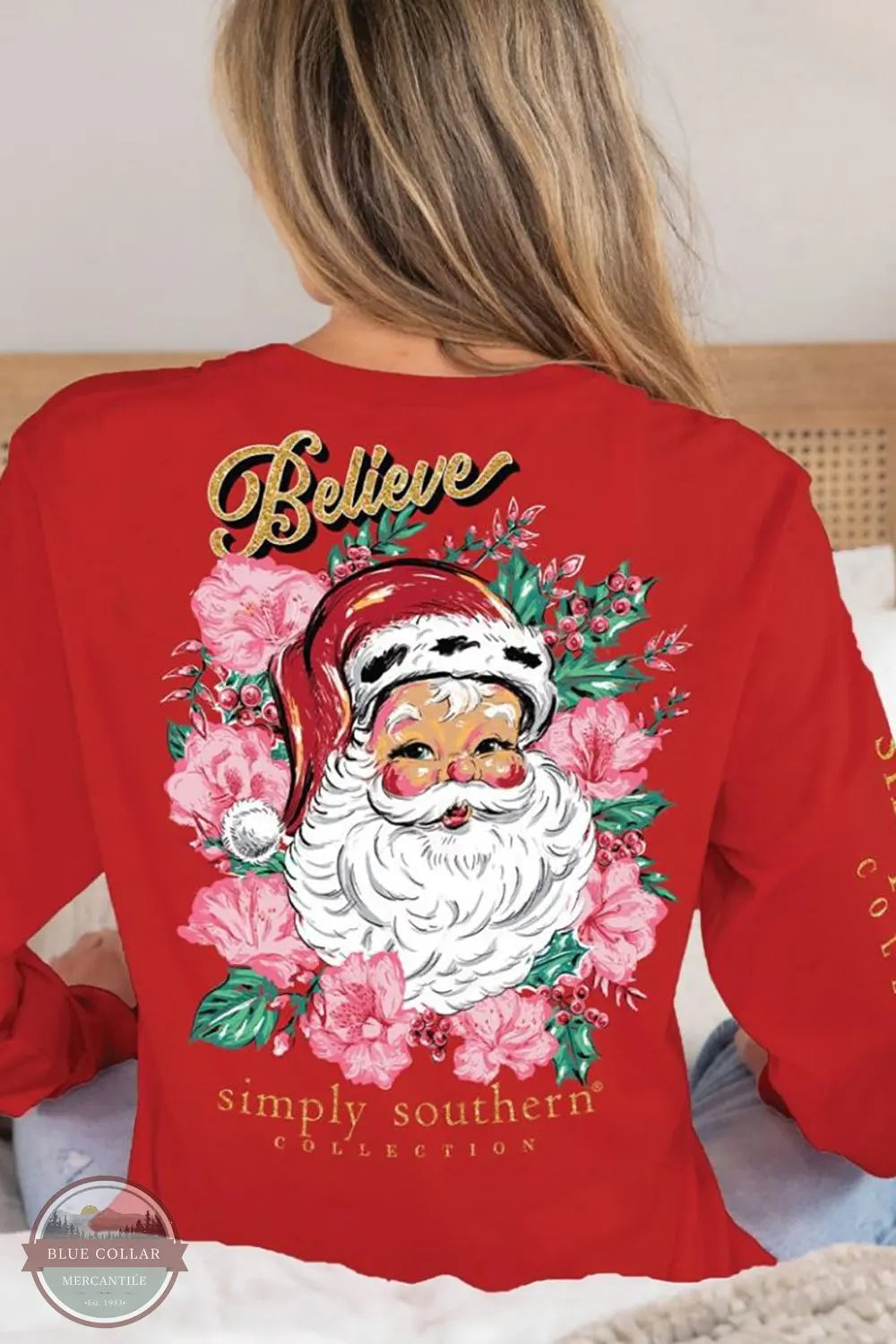 Effortless Style Floral Santa Believe Long Sleeve T-Shirt LS-FLORALSANTA-RED