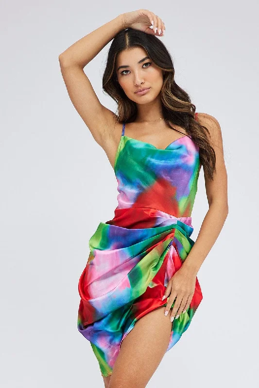 Retro Prints Multi Print Mini Dress Ruched Ombre Cowl Neck Satin