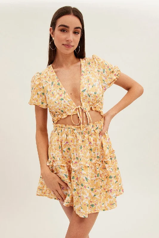 Design Perception Yellow Print Cutout Skater Dress