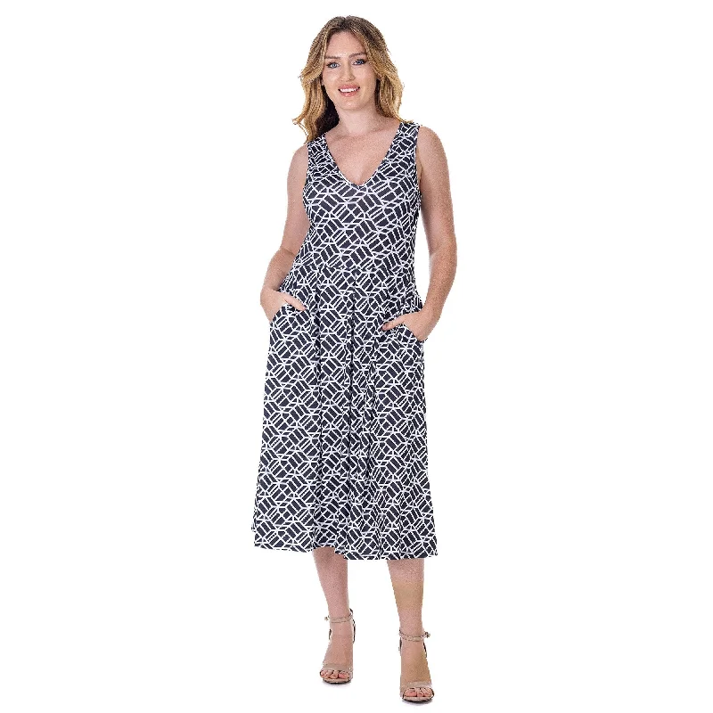 Leisure Sports 24seven Comfort Apparel Womens Midi Length Black Geo Print Sleeveless Pleated Pocket Dress Leisure Sports 24seven Comfort Apparel Womens Midi Length Black Geo Print Sleeveless Pleated Pocket Dress