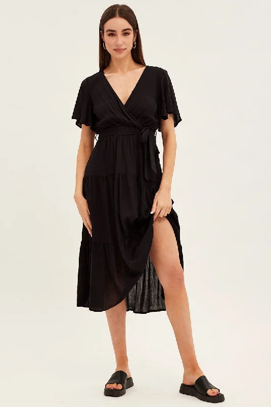 Cozy Shirts Black Tie Waist Tiered Midi Dress