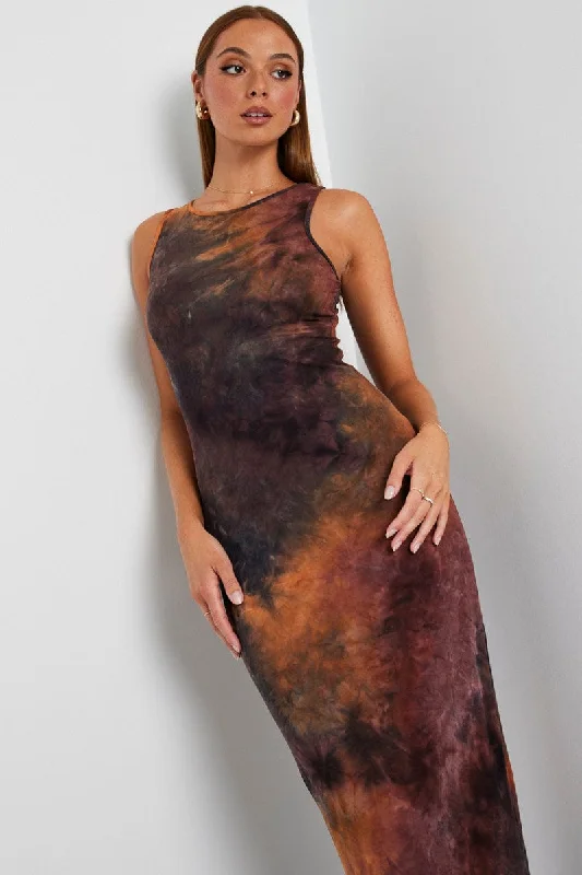 Refreshing Design Brown Abstract Maxi Dress Sleeveless Jersey