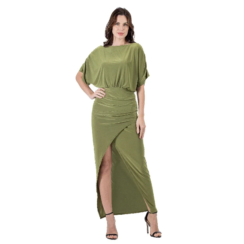 Trends 24seven Comfort Apparel Womens Boat Neck Batwing Sleeve Slit Maxi Dress