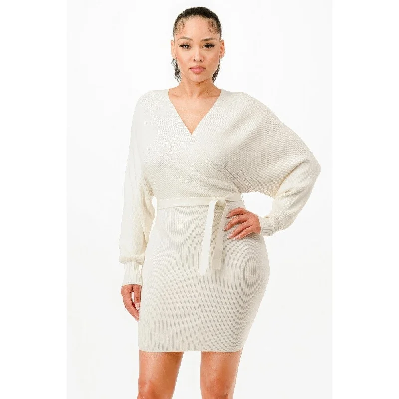 Free Design Long Sleeves Off Shoulder Wrap Belted Ribbed Sweater Dress