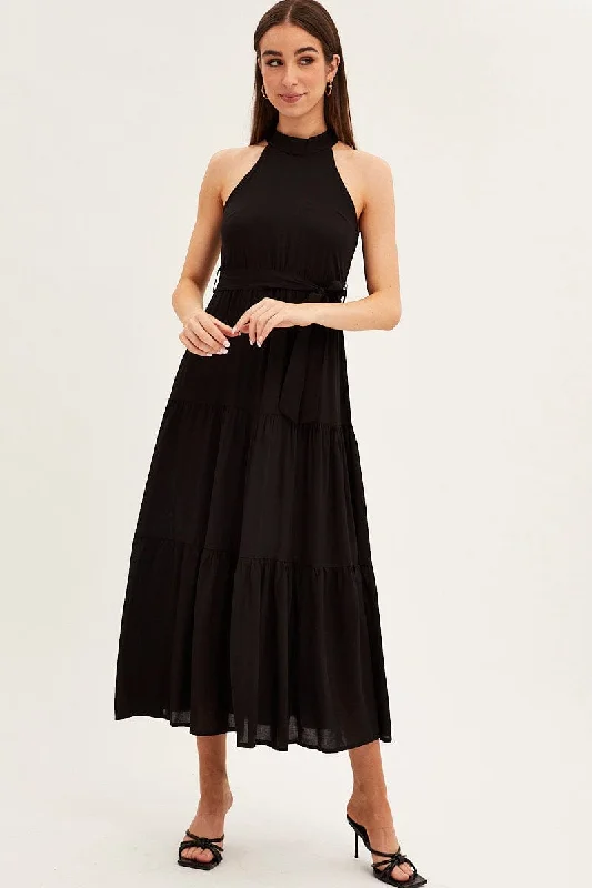 Comfortable Sweaters Black Halter Neck Maxi Dress