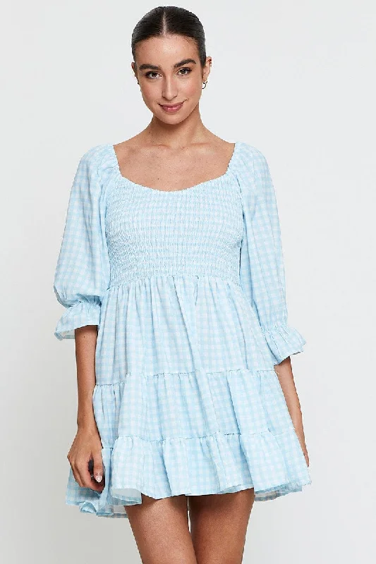 Body Design Check Fit And Flare Dress Long Sleeve Sweetheart Neck