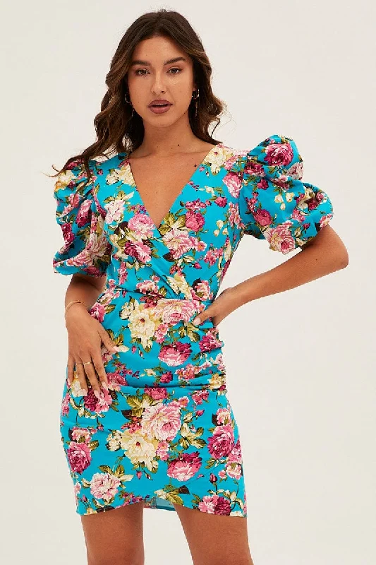 Comfortable Tops Green Floral Mini Dress Puff Sleeve V-Neck