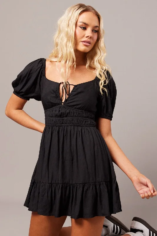 High-quality Styles Black Fit And Flare Dress Puff Sleeve Mini