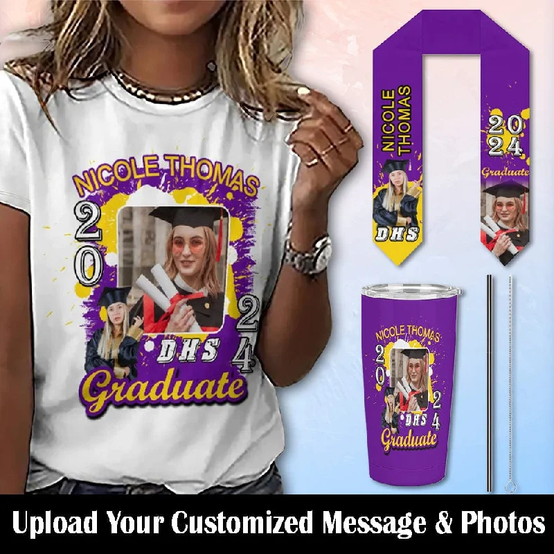 Wandering freely Custom Photo&Name Purple Frame Graduation T-shirt and Matching Stole and Car Cup Set Class of 2024 Graduation Gift